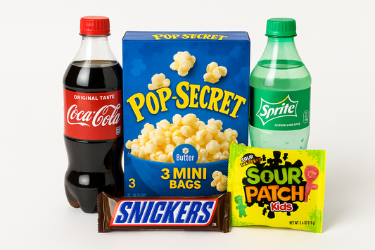 Movie night bundle with Pop Secret 3 mini bags popcorn box, plastic Coke, plastic Sprite, Snickers bar, and Sour Patch Kids candy on white background