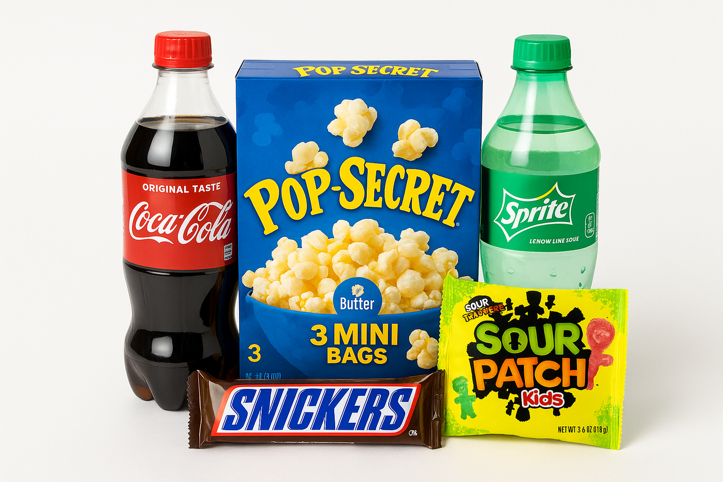 Movie night bundle with Pop Secret 3 mini bags popcorn box, plastic Coke, plastic Sprite, Snickers bar, and Sour Patch Kids candy on white background